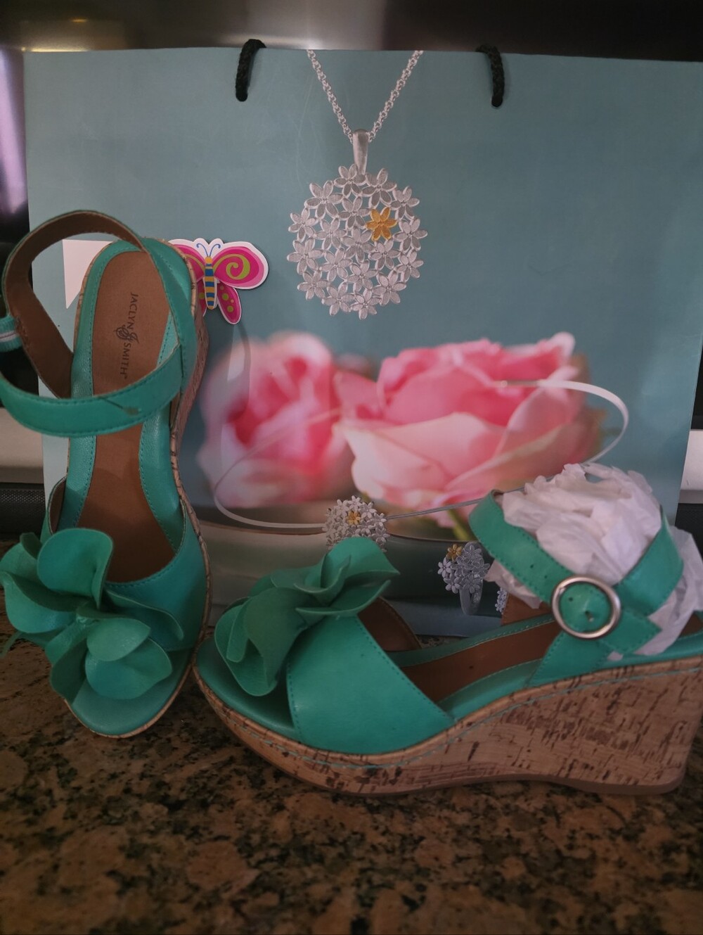 Jaclyn Smith Turquoise Or Teal 3D Flower Wedge Shoes Size 8 1/2